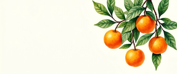 Stunning Watercolor Painting of an Orange Tree in Full Bloom: Juicy Oranges, Deep Green Leaves, and Agricultural Beauty - Perfect for Photo Stock with Left Space