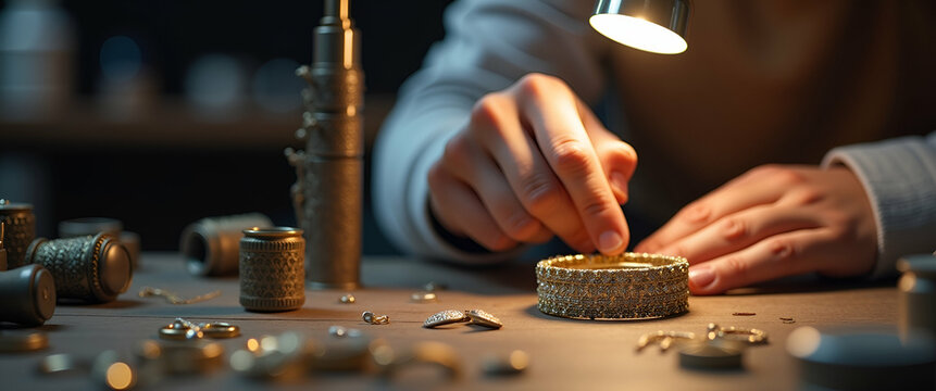 Elegant Jewelry Making: Artisanal Techniques & Modern Aesthetics in Professional Stock Imagery with Left-Side Empty Space