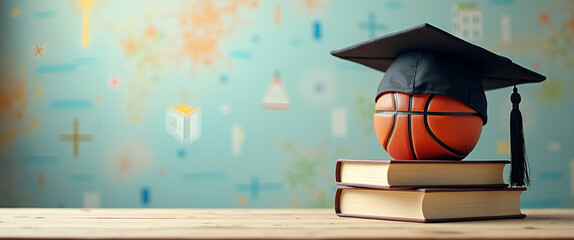 Photo realistic Graduation Cap with Basketball and Books - A whimsical background showcasing the balance of academics and sports, perfect for educational and athletic themes.