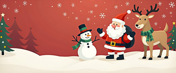 Fototapeta premium Festive Christmas Greeting Card Design with Santa Claus, Snowman, and Reindeer - Perfect Vector Illustration for Holiday Greetings and Decorations with Space for Custom Messages