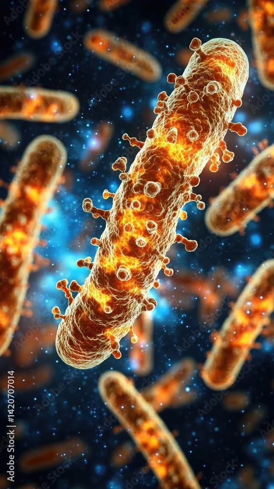 Poster microscopic view of bacteria in vibrant colors, showcasing cellular structures in a scientific setti