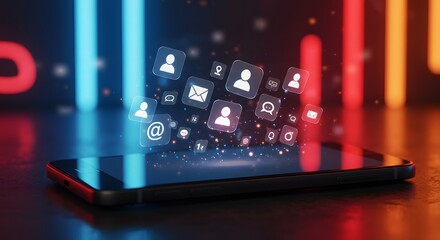 Social Media Icons Hovering Over Smartphone on Dark Background with Neon Lights
