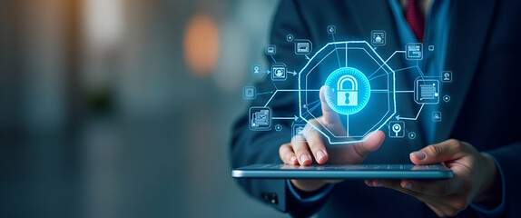 Fototapeta premium Hand Interacting with Laptop Displaying Holographic Digital Certificate and Compliance Documentation for Quality Assurance in Empty Space