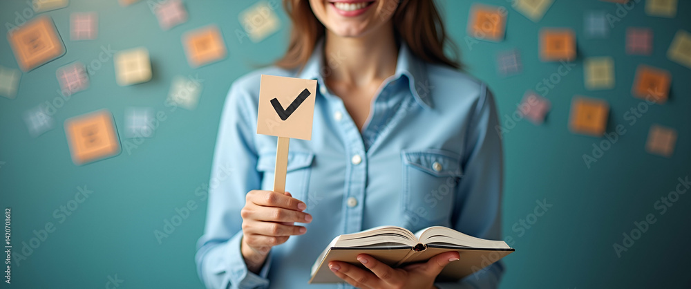 Poster photo realistic reporter with notebook and fact check icon - whimsical background for text/graphics,