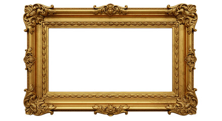 A golden ornate picture frame with intricate carvings and a black background in a horizontal view