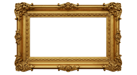 A golden ornate picture frame with intricate carvings and a black background in a horizontal view