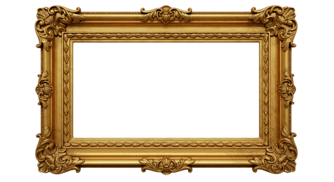 A golden ornate picture frame with intricate carvings and a black background in a horizontal view