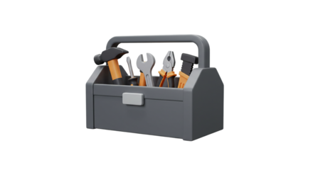 3D dark toolbox filled with essential hand tools isolated on white background, ideal for handyman services, repair illustrations, construction work visuals, and maintenance branding