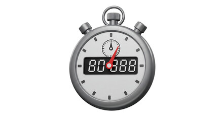 3D digital stopwatch showing countdown timer in red digits isolated on white background, ideal for sports timing, productivity tracking, workout apps, and countdown event visuals