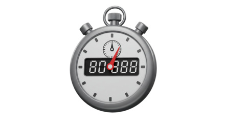 3D digital stopwatch showing countdown timer in red digits isolated on white background, ideal for sports timing, productivity tracking, workout apps, and countdown event visuals
