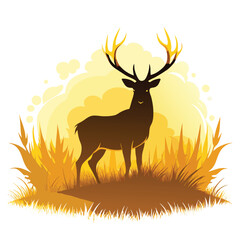 A majestic stag stands silhouetted in a misty, golden field on white background
