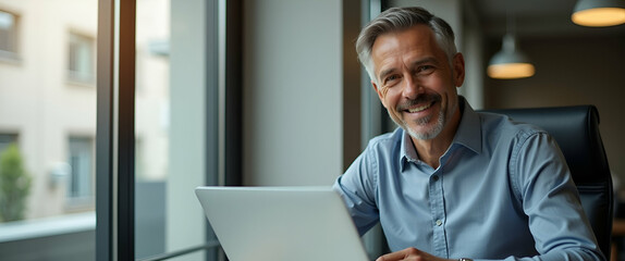 Obraz premium Portrait of a Happy Senior Business Executive Working on Laptop in Office - Professional Success and Investment Management with Empty Space for Text