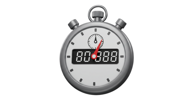 3D digital stopwatch showing countdown timer in red digits isolated on white background, ideal for sports timing, productivity tracking, workout apps, and countdown event visuals