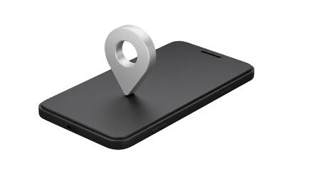 3D isometric mobile phone with pin drop marker isolated on white background, ideal for geolocation services, route tracking, delivery applications, and online map interface visuals
