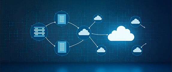 Fototapeta premium Comprehensive Cloud Migration Strategy: Smooth Data Transfer & Enhanced Security for Enterprise Modernization - Stock Photo Concept with Empty Space for Text