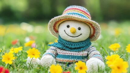 Cute smiling snowman doll in a colorful striped hat and scarf sitting on green grass with yellow flowers