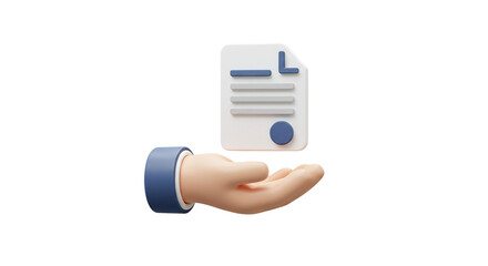 3D document held by a hand icon isolated on white background, ideal for official paperwork visuals, digital agreement designs, contract management apps, and secure documentation concepts