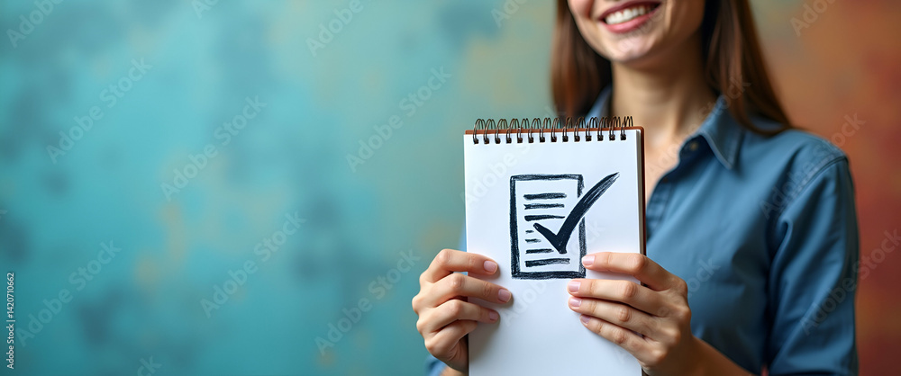 Poster photo realistic reporter with notebook and fact check icon: whimsical background for text and graphi