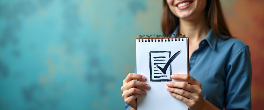 Photo Realistic Reporter with Notebook and Fact Check Icon: Whimsical Background for Text and Graphics on Reporting Accuracy and Fact Checking in Photo Stock Concept