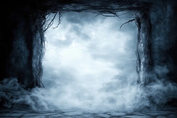 Dark cave opening into misty landscape