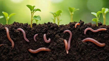 Earthworms crawling through rich soil with green sprouts in background  