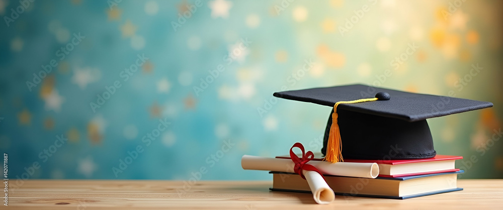 Poster photo realistic as graduation cap with diploma and books concept as a graduation cap with a diploma 