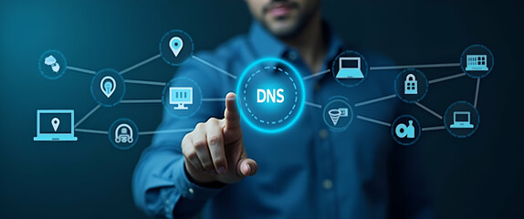 Man Engaging with DNS Interface: Icons for Internet Connectivity, Data Security, Website Management & Server Operations - Emphasizing DNS Importance with Left Space