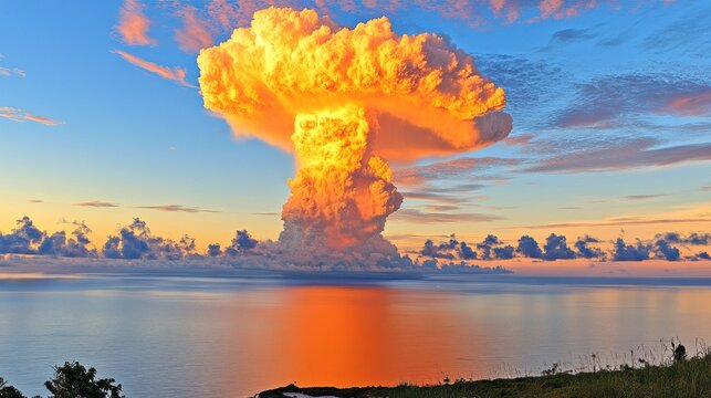Dramatic cumulonimbus cloud formation resembling a nuclear explosion over calm water.