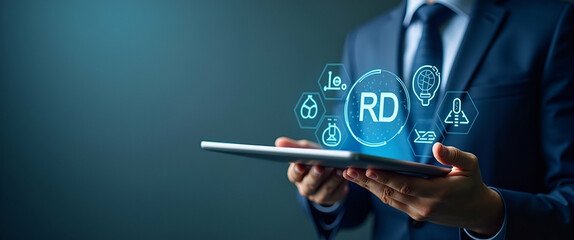 Fototapeta premium Person holding holographic tablet displaying R&D icons symbolizing research and development scientific and business innovation in empty space concept as Person holds holographic tablet displaying R&D 