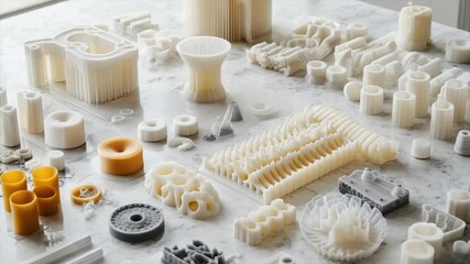 Diverse 3D-printed objects in white, gray, and beige