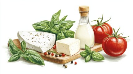 Fresh Ingredients for Cooking with Cheese, Tomatoes, and Herbs