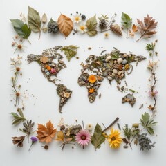 Fototapeta premium Flat lay of leaves, twigs, stones, and flowers