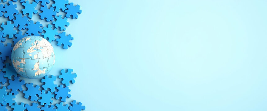 Blue puzzle pieces and globe border with copy space for World Autism Awareness Day concept as Border with blue puzzle pieces and globe icons providing space for autism awareness messages in Photo Sto
