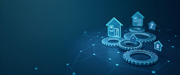Real Estate Concept: Visualizing Property Value with Location, Contract Price Icons, and Diagrams Featuring Gears and Wireframe Mesh Elements in Stock Photo Design