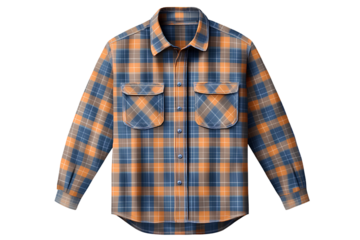 A blue and orange plaid shirt with two pockets on the chest, on a transparent background