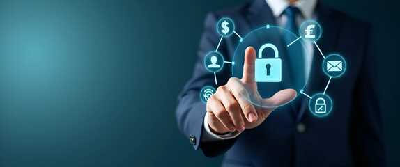Obraz premium Hand interacting with holographic digital banking interface showing financial services data security currency exchange payment icons in empty space concept as Hand interacts with holographic digital b