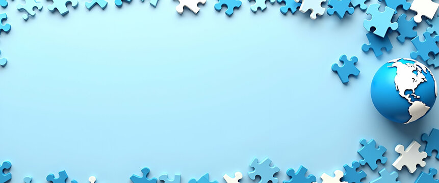 Blue Puzzle Pieces and Globe Border: Creative Space for World Autism Awareness Day Messages with Iconic Symbols and Empty Left Side for Customization