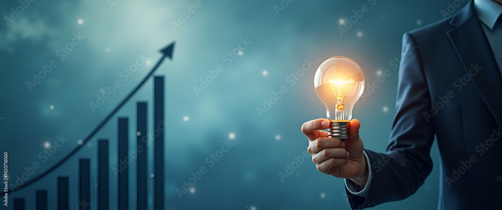 Poster photo realistic as consultant with lightbulb and graph concept as a consultant holding a lightbulb a