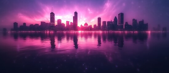 City Skyline at Dusk Reflecting in Water with Pink and Purple Sky