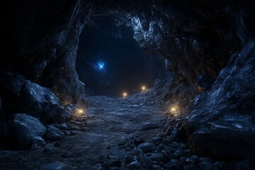 Mysterious cave passageway, dimly lit by glowing lights