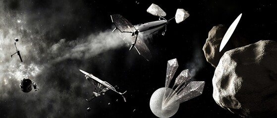 crystals asteroid mining site with robotic drones extracting floating