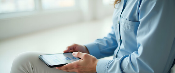 Photo Realistic Image of a Person Using a Mobile Finance App to Track Financial Growth - Clean Background for Text and Graphics | Stock Photo Concept