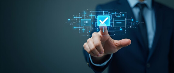 Hand Confirming Secure Online Payment on Holographic Digital Interface with Verification Tick Symbol - Empty Space for Customization