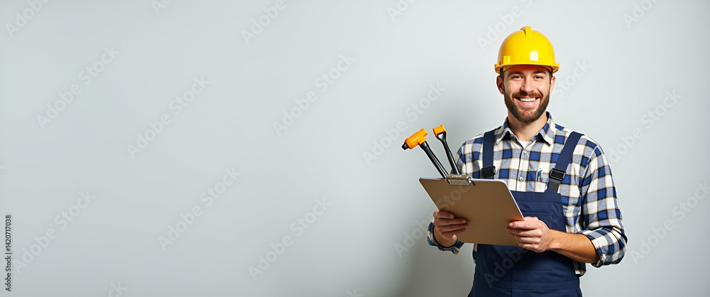 Poster photo realistic image of a person with clipboard and tools for maintenance service - symbolizing org