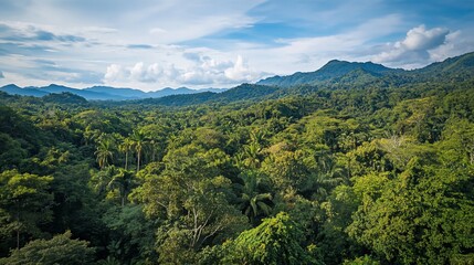Naklejka premium Lush green tropical rainforest canopy with distant mountains under blue sky and clouds