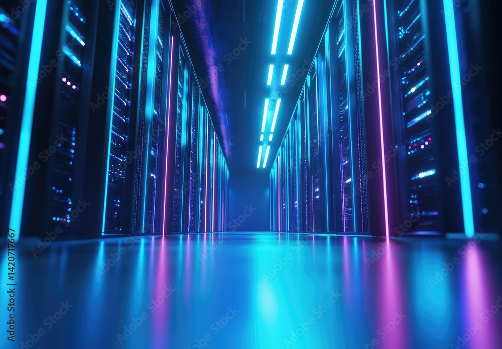 Poster low-angle futuristic server hallway with vivid neon blue and pink lights reflecting on the floor. gr