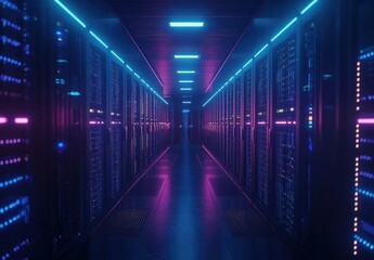 Fototapeta premium Colorful server hallway with neon pink and blue lights, sleek floor, and futuristic racks. Great for showcasing AI, cloud computing, or digital infrastructure