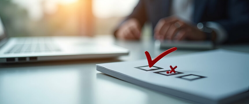 select check mark laptop check right wrong marks decide choose vote yes no decisions business options difficult situations dilemma concept as Selecting check marks on laptop with right and wrong symbo