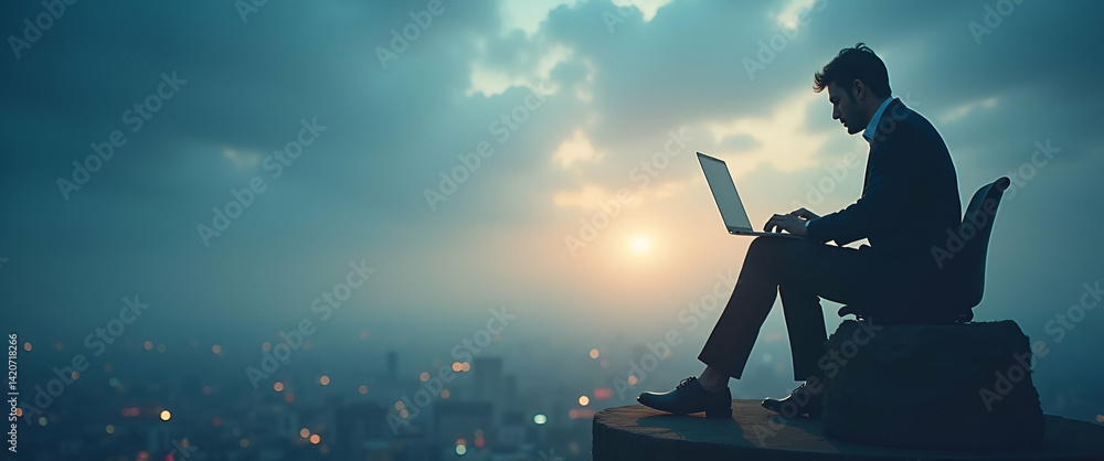 Poster photo realistic image of a journalist with computer and truth verification concept, dreamy backgroun
