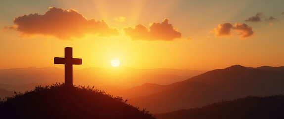 Silhouette of Catholic cross against sunrise symbolizing faith and new beginnings with serene natural backdrop, ideal for spiritual themes and inspirational concepts.